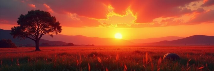 Obraz premium Sunset hues paint vibrant orange sky over summer landscape, ocean, field, vibrant