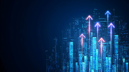 Fototapeta premium Digital Cityscape With Glowing Arrows Rising Representing Financial Growth And Technological Advancement