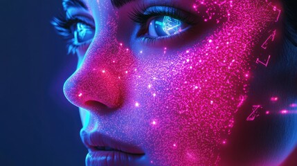 A cyberpunk-inspired depiction of the epidermis with neon-lit layers and digital overlays analyzing skin health