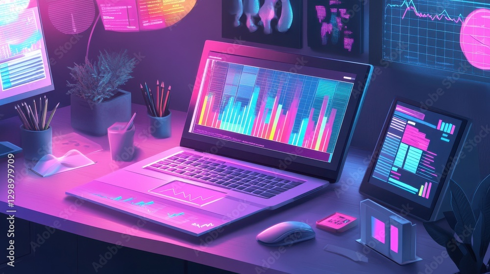 Poster a workspace featuring a laptop and various colorful graphs and charts, emphasizing data analysis and