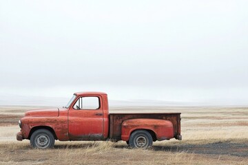 An old red pickup truck sits in a vast open field