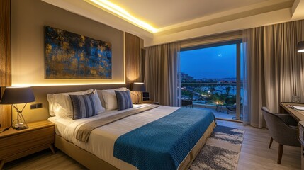 Modern bedroom with city view, night, luxury hotel, interior design