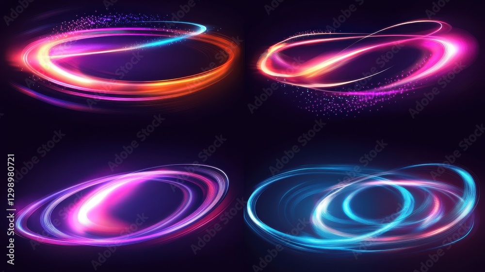 Fototapete waved neon lights with swoosh effects. realistic modern illustration set of glowing swirl lines. fla