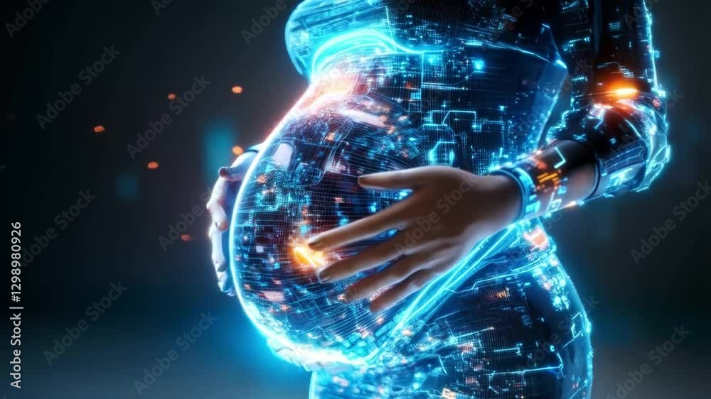 Aufkleber a futuristic depiction of pregnancy showcases a glowing robotic figure with a synthetic body, illust