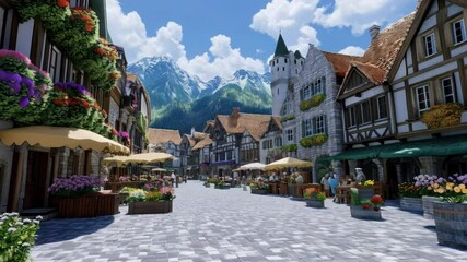 Charming Alpine Village Street Scene: A picturesque town square nestled in the mountains, vibrant with flowers and bustling with activity.