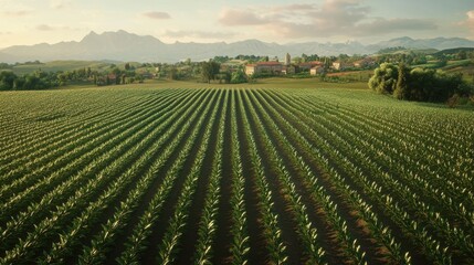 A drone shot of rows of corn plants in a vast field, with a small village visible in the distance.
