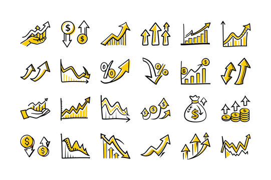 Hand-drawn financial growth and decline icons in yellow and black.