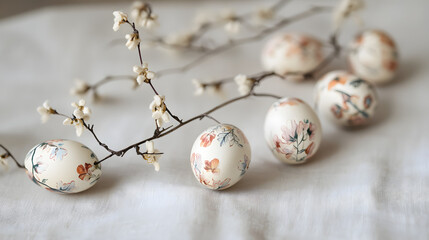 A delicate Easter garland featuring small wooden eggs, each hand-painted with intricate floral...