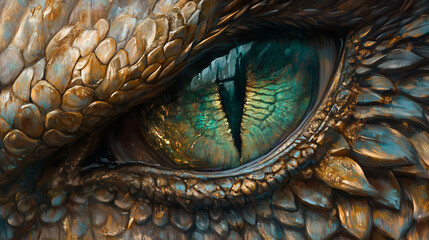 Fototapeta premium A close-up of an eye, with dragon scales in gold and green, intricately detailed, reflecting an ancient fantasy world. Mythical creatures, dragons, and animals are depicted in a fantastical art style.