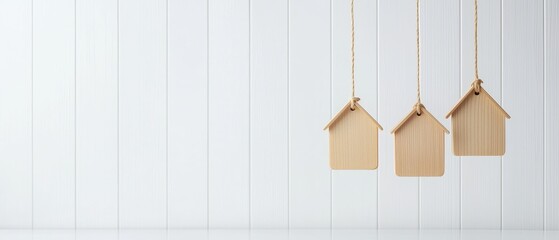 Floating house models showcasing real estate prices with digital tags