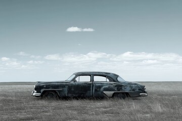Fototapeta premium An old weathered automobile rests in a vast open grassy field