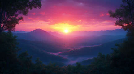 Naklejka premium a beautiful sunrise over the mountains, with a foggy, pink and purple sky.