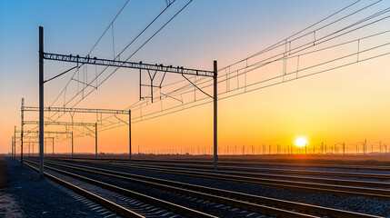 Railway Tracks Leading Towards Setting Sun Under Orange and Blue Sky