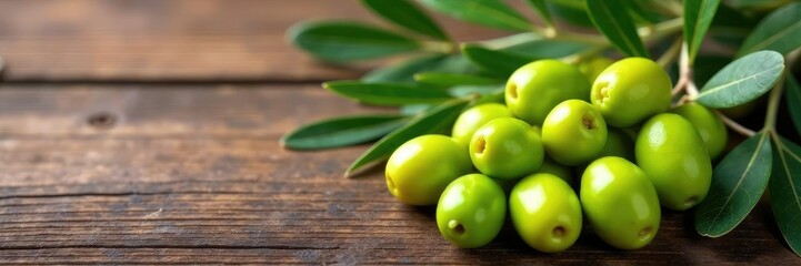 Obraz premium Fresh green olives and olive leaves on a wooden table, rustic, surface