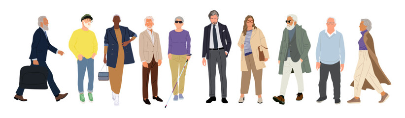 Set of different senior business people standing, walking, wearing smart casual, formal office outfit. Aged men, women cartoon characters vector realistic illustrations isolated