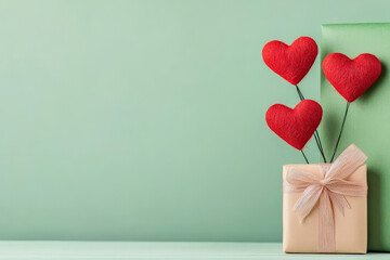 Handmade gift for Mother Day with red heart decorations on green background, symbolizing love and appreciation