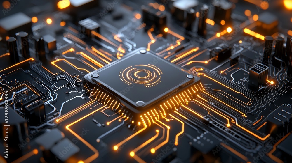 Poster exploring the intricacies of a modern microchip design tech lab digital art high-tech environment cl