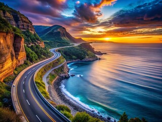 Scenic Coastal Highway: Ocean Road Trip, Adventure Travel, Blue Sky, Low Light Photography