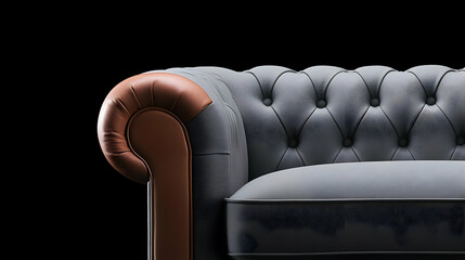 Obraz premium Close Up of Luxurious Gray Chesterfield Sofa with Brown Leather Armrest on Black Background