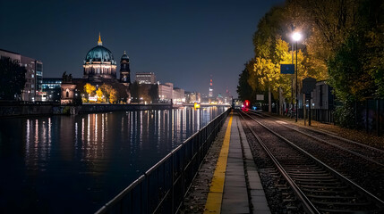 Fototapeta premium Berlin Cityscape at Night Showing Water Reflection and Illuminated Architecture
