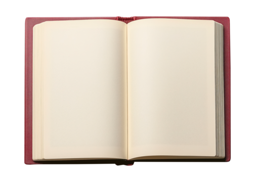 Open red book with blank pages on a transparent background for communication and design resources, blank book png image