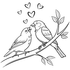 Two Birds on a Branch with Leafy Hearts Details.