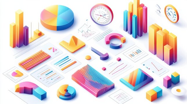 A collection of charts and graphs illustrating data with colorful shapes.
