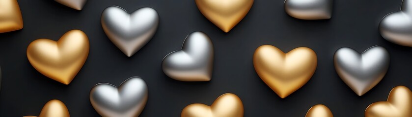 Obraz premium Colorful hearts in metallic gold and silver arranged on a dark background, ideal for valentine designs