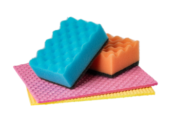 Colorful cleaning sponges resting on scrubbing pads with transparent background