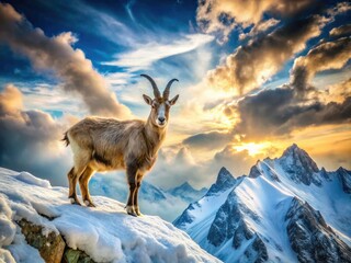 Surreal Mountain Goat in Snow: Artistic Photo, Fantasy Wildlife, Snowy Peaks, Winter Goat, Magical Creature, Alpine Animal Photography