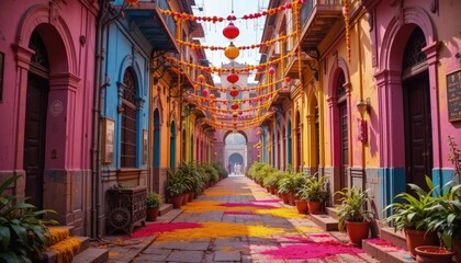 Fototapeta premium An empty street is bathed in the soft light of morning, its surface adorned with vibrant colors from the Holi festival, exuding a serene post-celebration atmosphere