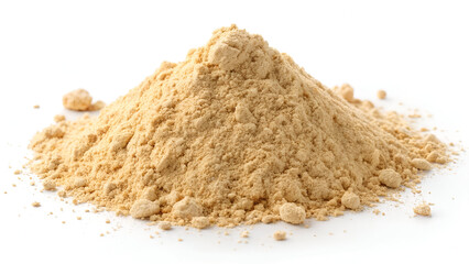 A heap of finely ground maca powder with a light beige color, isolated on a clean white background for a natural, organic look.