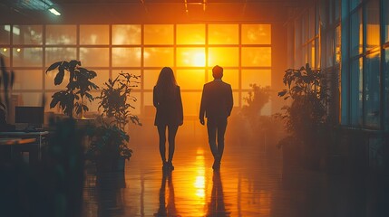 A modern office space with two individuals collaborating.