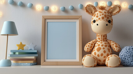 Children room decor featuring giraffe plush toy and empty frame mockup