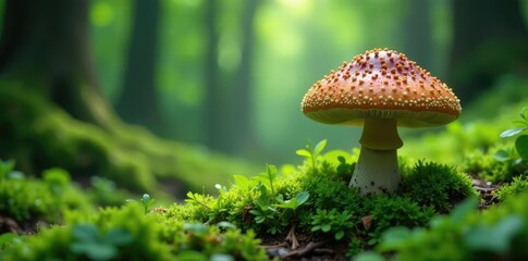 Lush green forest with a solitary, towering Truffle mushroom, green, evergreen