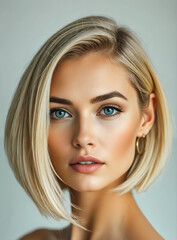 Naklejka premium Young blonde pretty woman with bob haircut and professional makeup poses elegantly in front of the camera