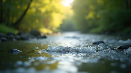 Fototapeta premium Sunlit River Splashes and Green Forest Stream