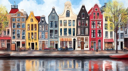 Obraz premium Colorful Traditional Buildings Reflected in Calm Waterway Under Light Blue Sky
