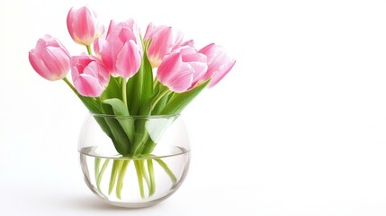 Pink tulips in a glass vase, painted with watercolor. The vase is transparent, and the water inside is clear.  
