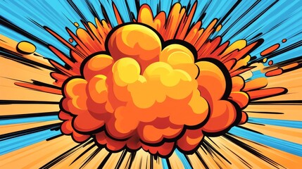 Comic-style explosion with bold colors and dynamic lines.