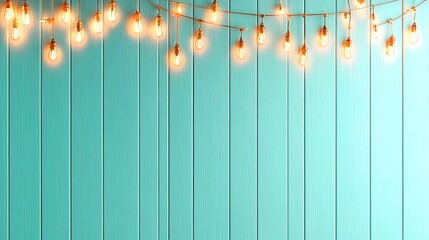 Fototapeta premium Decorative String Lights Against a Bright Blue Wooden Panel Background for Festive and Cozy Atmosphere