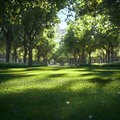 Obraz premium Lush Green Lawn in Peaceful City Park with Shaded Foliage