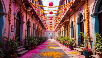 Obraz premium An empty street is bathed in the soft light of morning, its surface adorned with vibrant colors from the Holi festival, exuding a serene post-celebration atmosphere