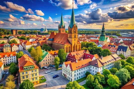 Szczecin Poland Skyline Aerial View, Cathedral Basilica St James, Old Town, Orange Brick Buildings, Bokeh Effect, Polish Architecture Photography
