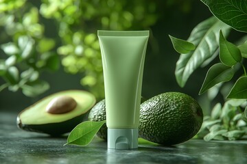 Natural skincare product featuring avocado studio setting beauty photography green environment close-up organic concept