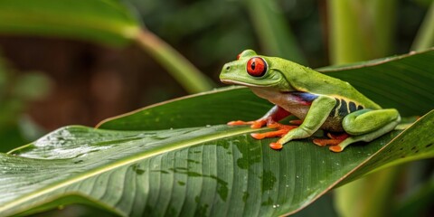 Fototapeta premium a vibrant red-eyed tree frog perched on a green leaf, showcasing its striking colors and textures