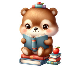 Cute Watercolor Animals Reading Books – World Reading Day isolated on transparent background