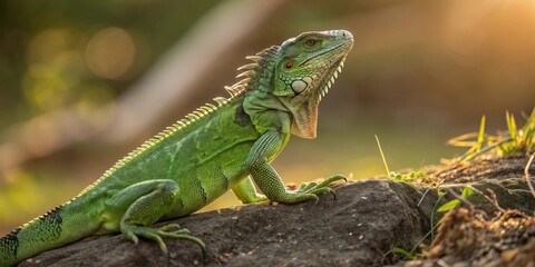 Fototapeta premium an iguana basking on a sunlit rock, displaying its vibrant green skin and sharp features