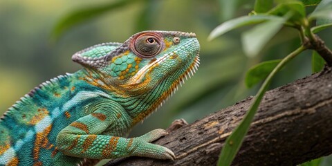 Obraz premium a vibrant chameleon perched on a branch, displaying its colorful skin and watchful eye