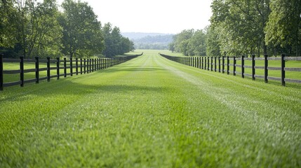 Obraz premium Green grass path, wooden fence, trees, landscape, tranquil farm